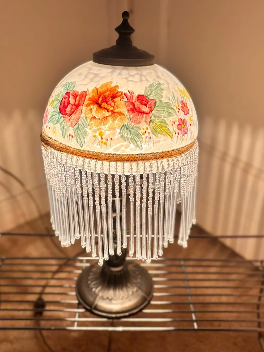 Vintage Hand Painted Floral Beaded Lamp - Bronze Base